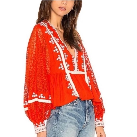 EUC FREE PEOPLE Women's Red Embroidered Top Boho Retro Red  3/4 sleeves SZ M. - Picture 1 of 8